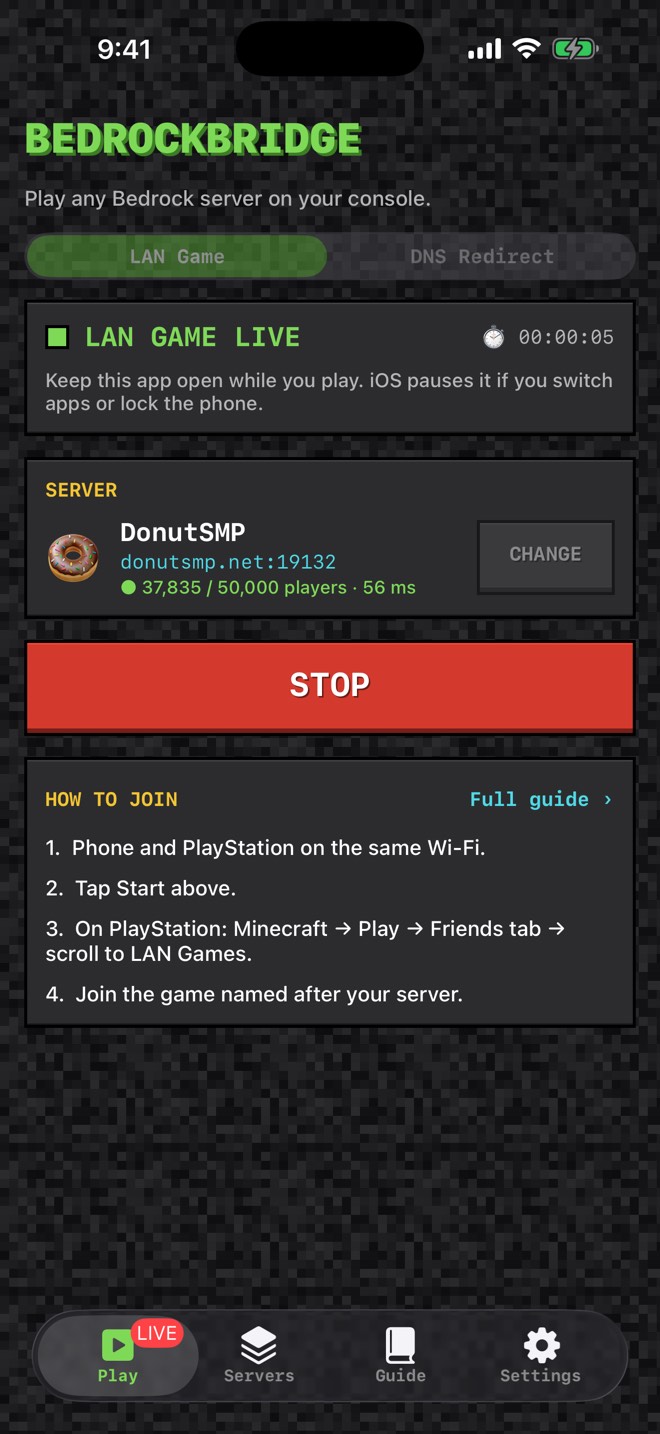 BedrockBridge on iPhone relaying DonutSMP to a PlayStation, showing a live connection and the player count